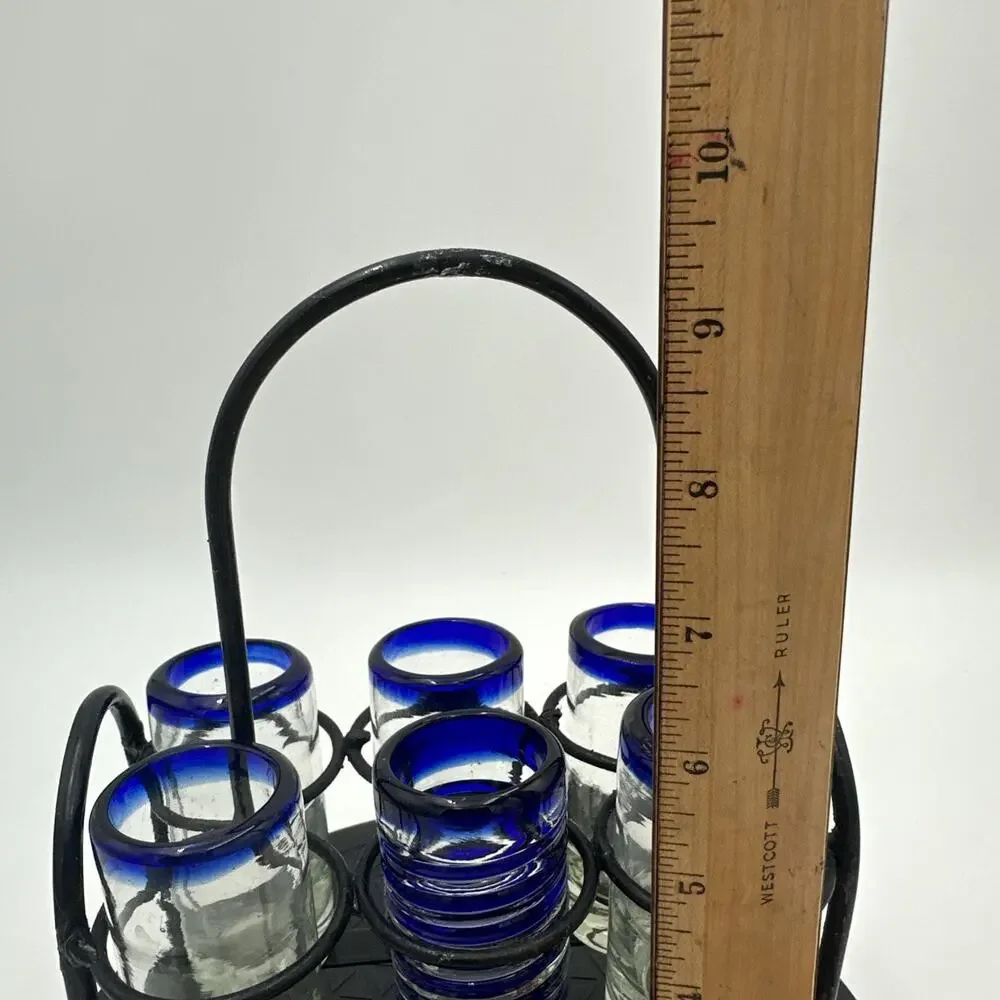 Hand blown Shot Glasses With Metal Caddy. Set Of 6